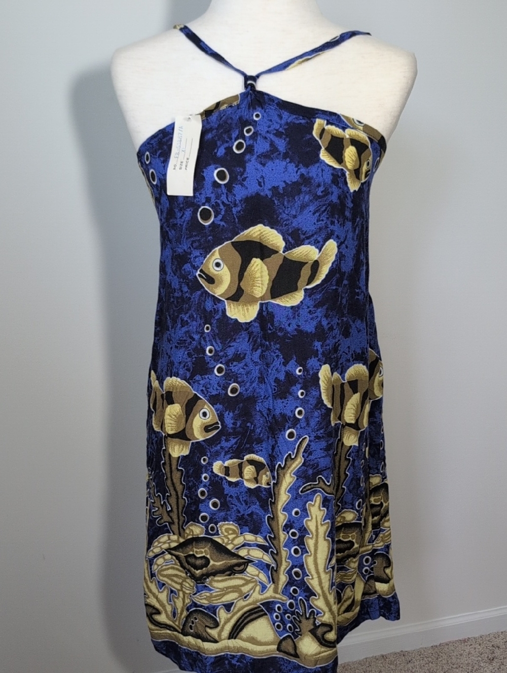 Blue & Gold Fish-Print Halter Smocked  Mini Dress XL